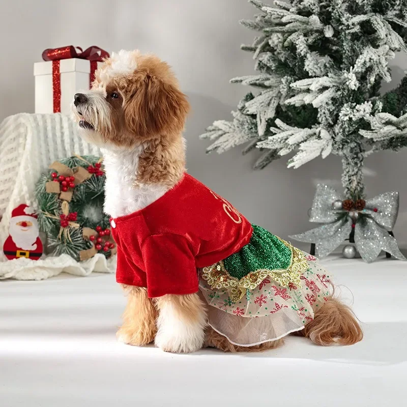 Ropa de Navidad para perros, falda de terciopelo dorado con lentejuelas coloridas para mascotas pequeñas, gatos y perros, ropa para cachorros - imagen 3