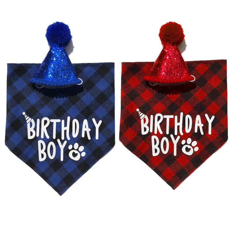 Conjunto de sombrero bandana para niño de cumpleaños de perro y gato, bonitos suministros de fiesta con estampado a cuadros, accesorio para sombreros de disfraz para celebración de cumpleaños - imagen 2