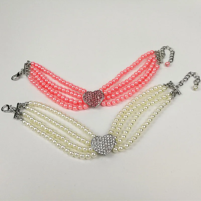 Collar de perro de lujo, accesorios para perros rosa, blanco y azul, cuatro filas de perlas, diamantes de imitación, Collar de corazón, collares de joyería para gatos y perros - imagen 2