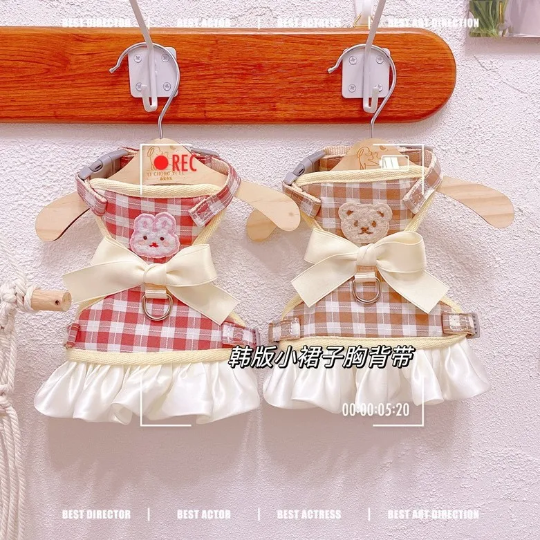 Oso de peluche para mascotas, falda a cuadros, correa para el pecho, ropa para perros, cuerda de tracción para caminar, arnés para gatos, Collar para gatitos, accesorios para gatos - imagen 3