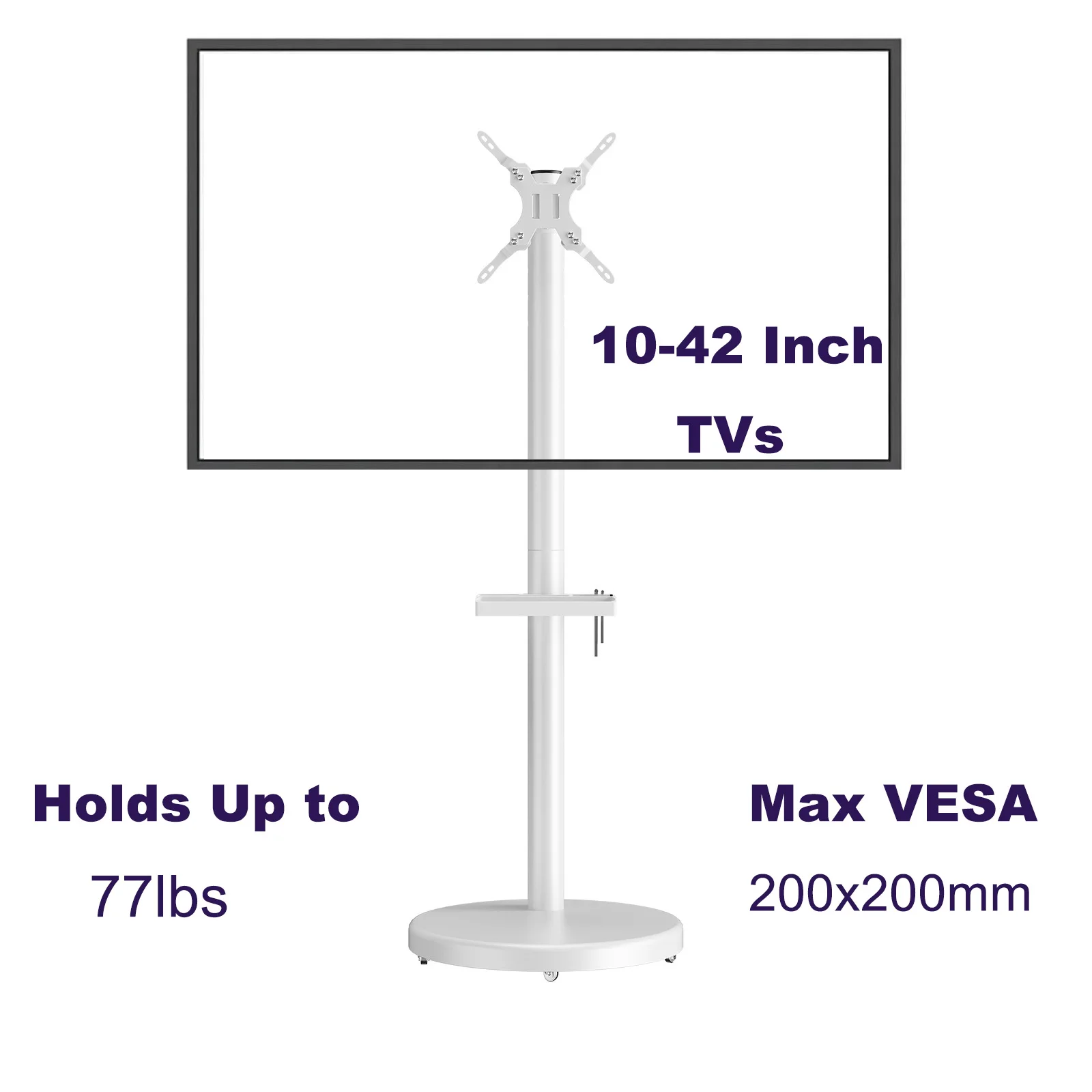 Soporte para TV móvil con ruedas, carrito para TV rodante portátil de altura ajustable, soporte para TV rodante Max VESA de 200x200mm para televisores de 10-42 pulgadas - imagen 4