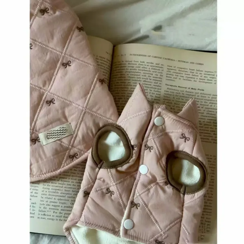 Chaquetas rosas para mascotas, abrigo grueso de felpa de invierno con bonito lazo para perros pequeños, chaleco cálido para gatos, ropa para perros pequeños, ropa para cachorros - imagen 3