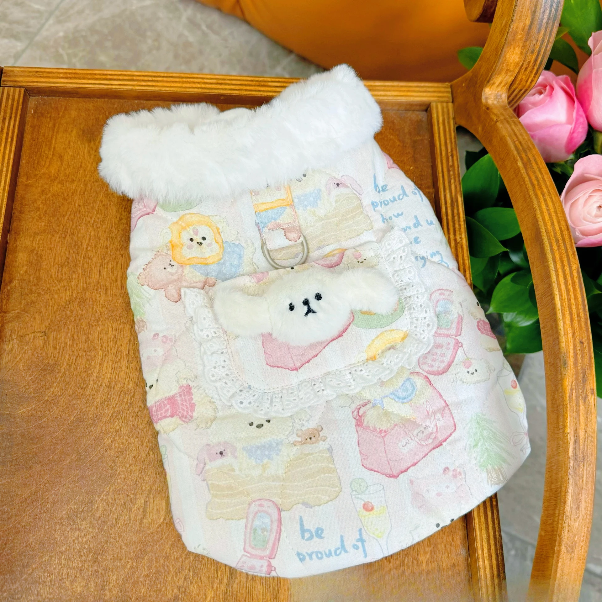 Abrigo con cuello de felpa con lazo para otoño/invierno para mascotas, chaleco de felpa, ropa para perros y gatos en idioma extranjero para perros pequeños, ropa para cachorros - imagen 2