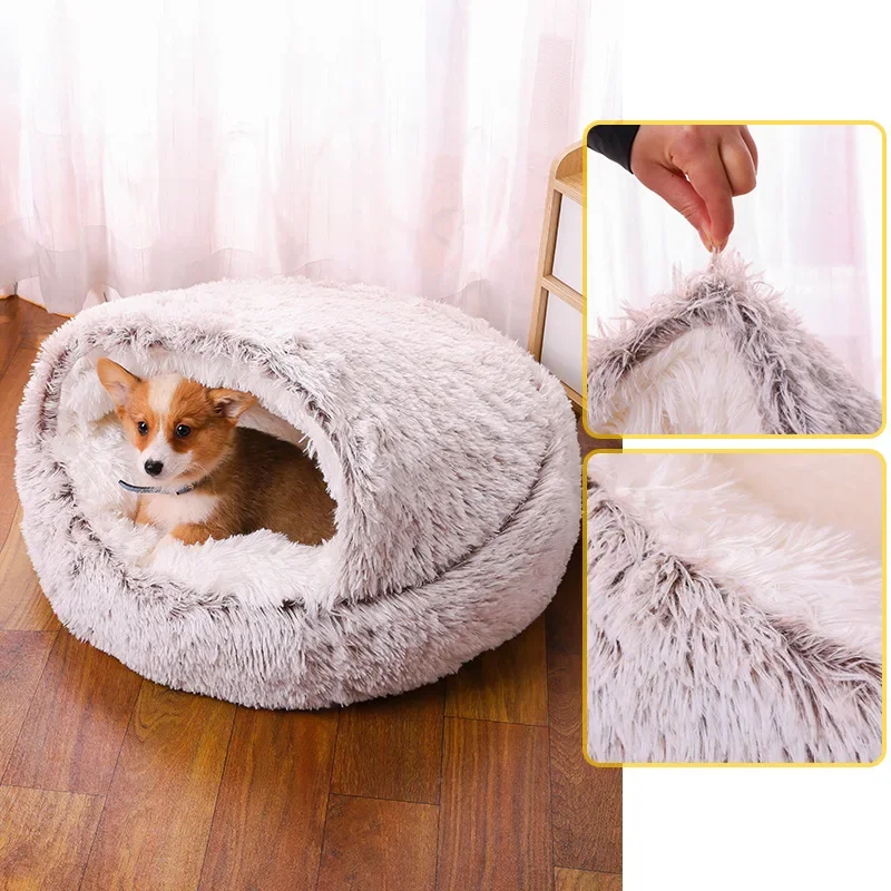 Cama para gatos con repetición, cama redonda de felpa esponjosa con capucha, cueva para gatos acogedora para interiores, Donut, autocalentable, cama para perros pequeños, antiansiedad para invierno - imagen 4