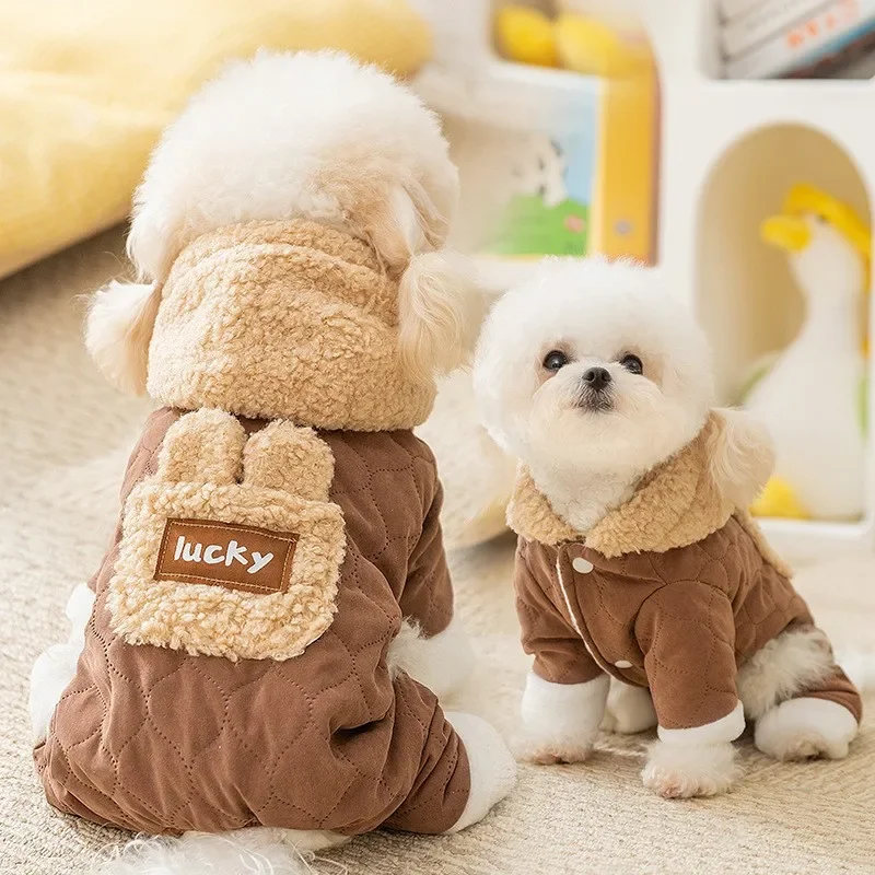 Mono para perro de otoño e invierno, chaqueta cálida de felpa con capucha, bolsillo de tracción, abrigo de algodón de cuatro patas, oso de peluche, ropa para perros pequeños