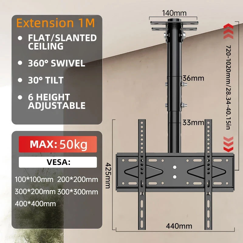 Ceiling TV Mount Full Motion TV Bracket for Most 32-65" Flat Curved TVs/Monitors Swivel Tilt Height Adjustable Hanging TV Mount - imagen 5