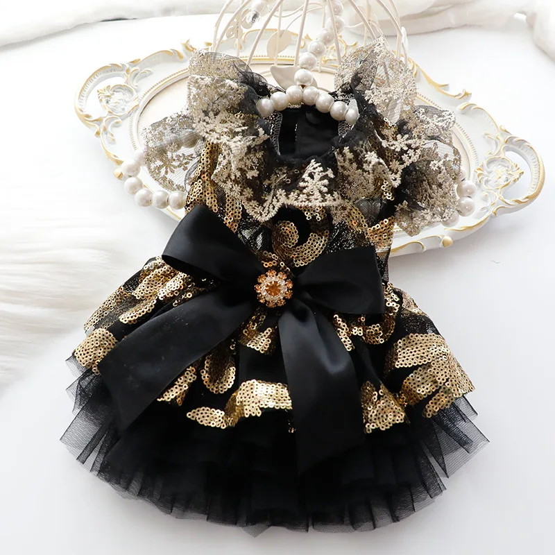 Vestidos de gasa transpirables de verano para mascotas, elegantes vestidos de boda ahuecados de Estilo Princesa de oro negro para gatos y perros - imagen 3