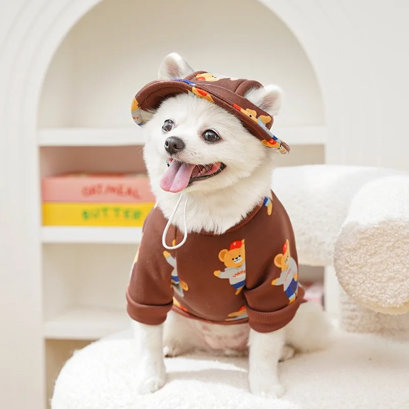 Sudadera polar con estampado de oso de dibujos animados para perros pequeños, monos protectores de otoño e invierno para gatitos, ropa transpirable para cachorros Corgi
