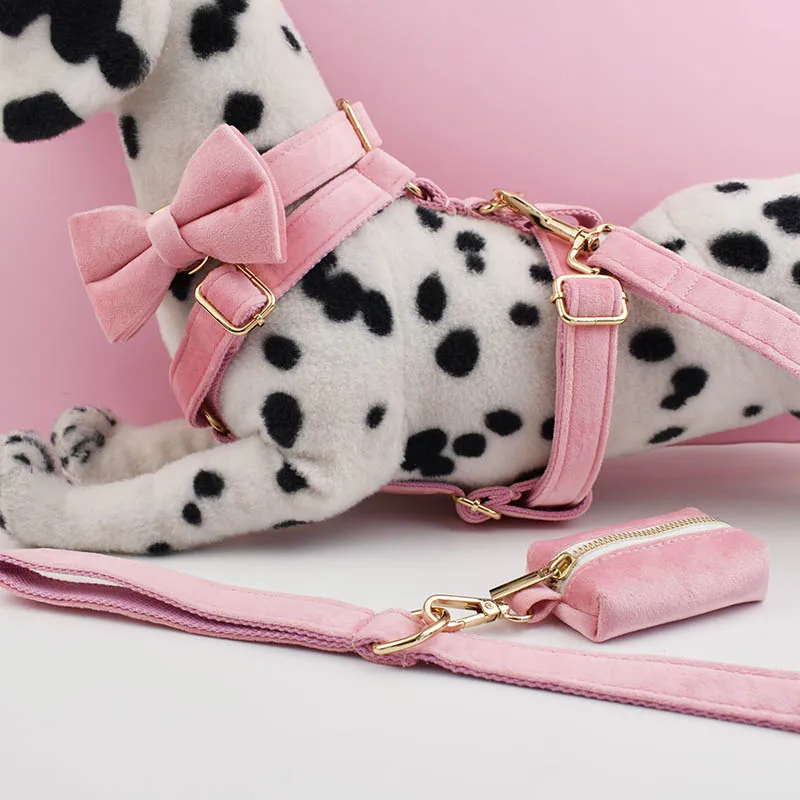 Juego de Collar y correa para perro de terciopelo rosa para perros pequeños, medianos y grandes, placa con nombre grabada personalizada, suministros para mascotas, correa para perro de terciopelo 01 - imagen 2