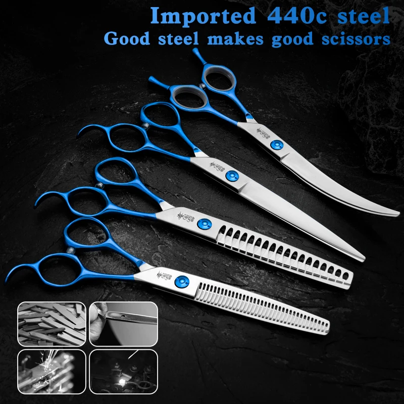 Tijeras profesionales de peluquería con mango azul, herramientas de aseo para mascotas con logotipo personalizable, tijeras para dientes de perros - imagen 4