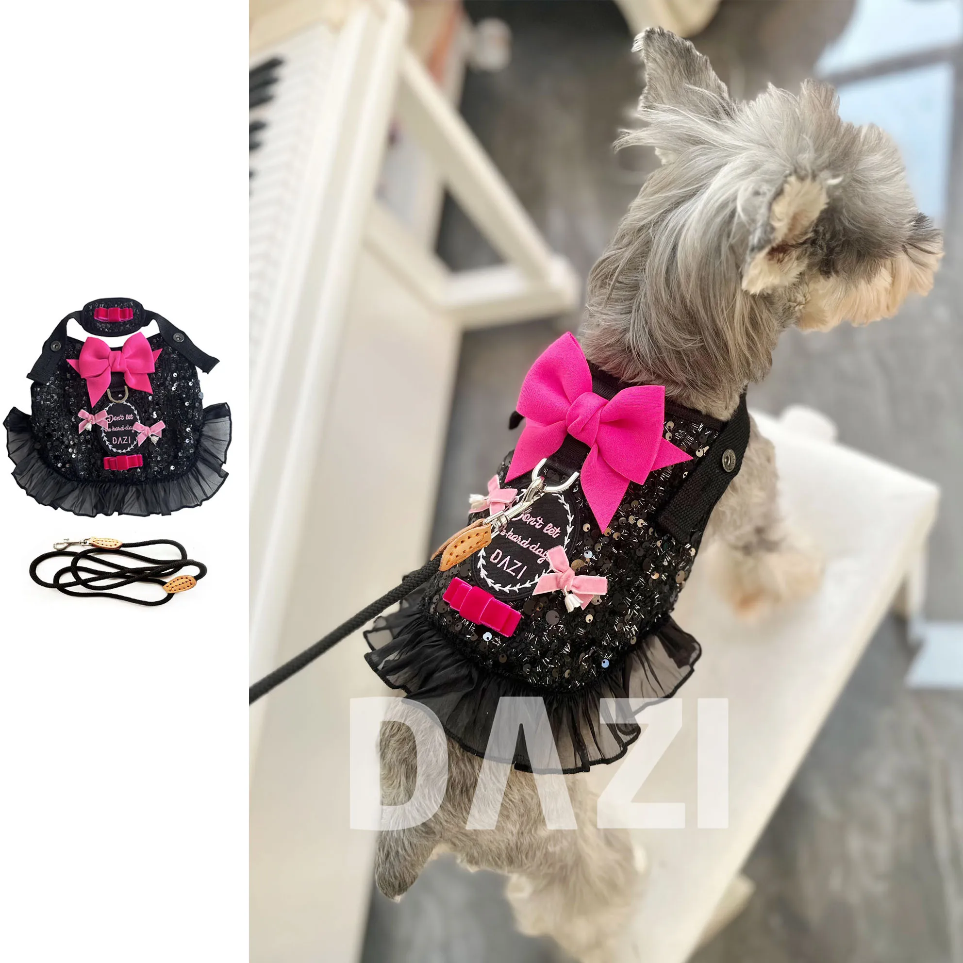 Conjunto de correa y arnés para perro de lujo, vestido de princesa negro con lazo, correa para el pecho de encaje, cuerda de plomo para caminar para cachorros para Schnauzer maltés