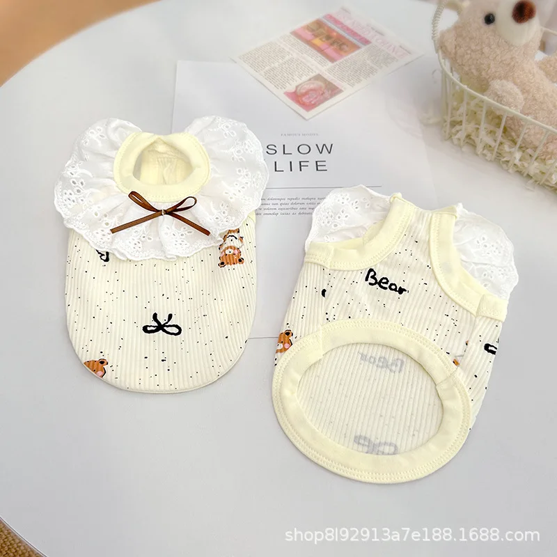 Chaleco con lazo de primavera para mascotas, Collar de encaje para perros, chaleco de peluche para perros pequeños, vestido para gatos, ropa para cachorros, accesorio para perros pequeños - imagen 3