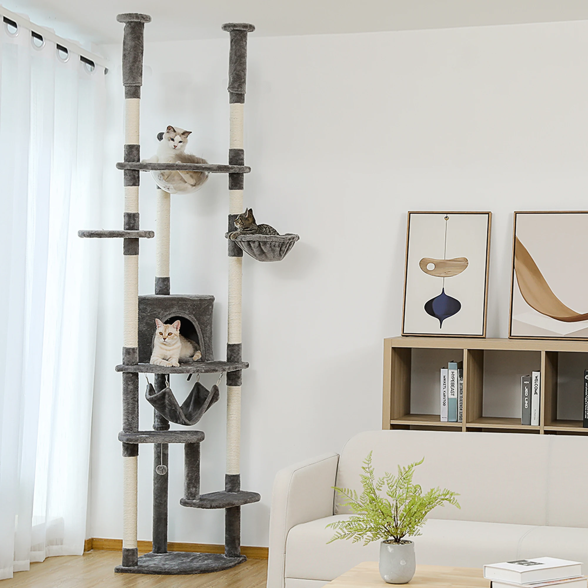 Torre de árbol para gatos segura y ajustable de 236-258cm con poste rascador Natural, percha acrílica única, hamacas, cueva para gatos de interior - imagen 3