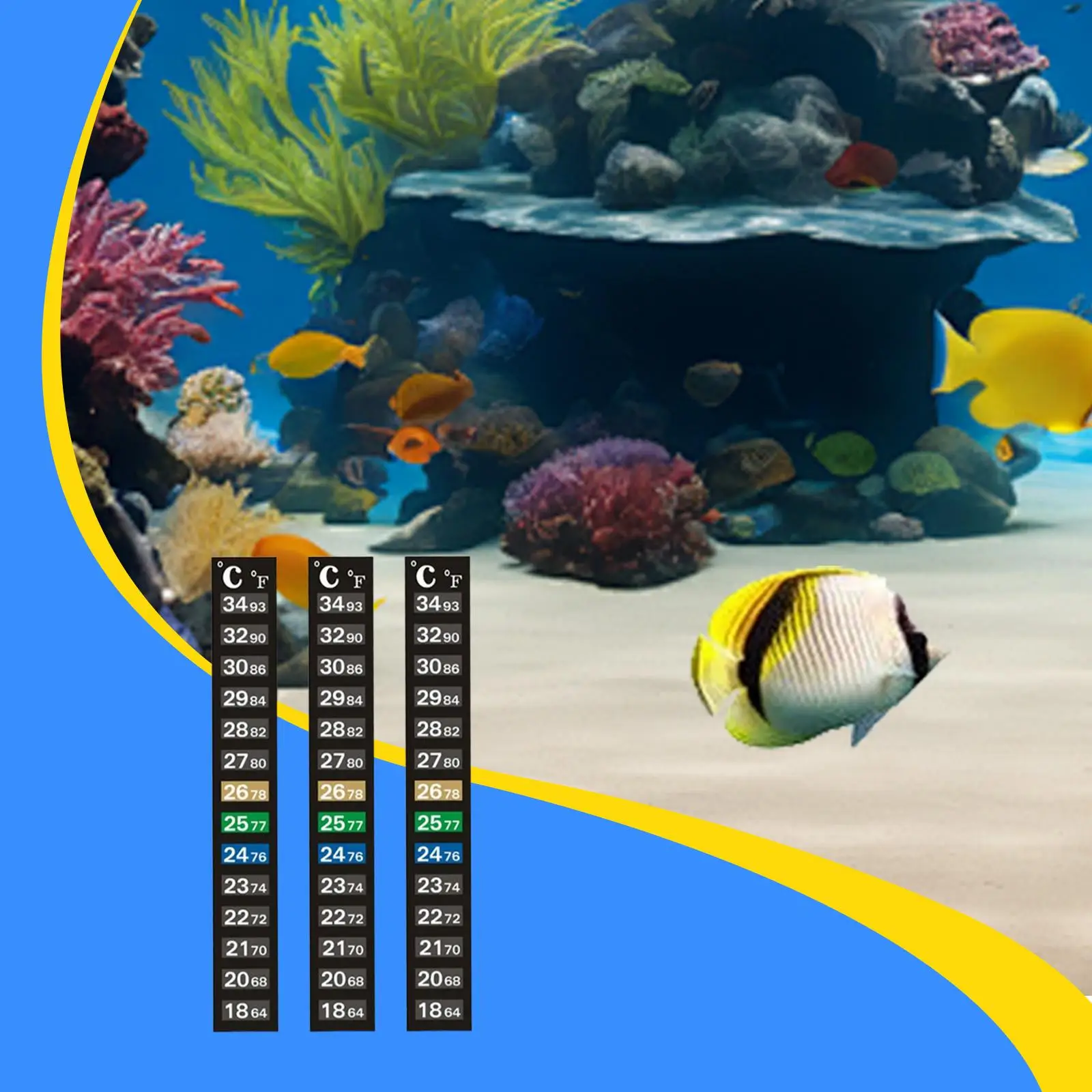 3 tiras para termómetro de acuario, fáciles de instalar, 18 ° C-34 ° C 64 ° F-93 ° Calcomanías adhesivas de temperatura F, pegatinas para termómetro de pecera