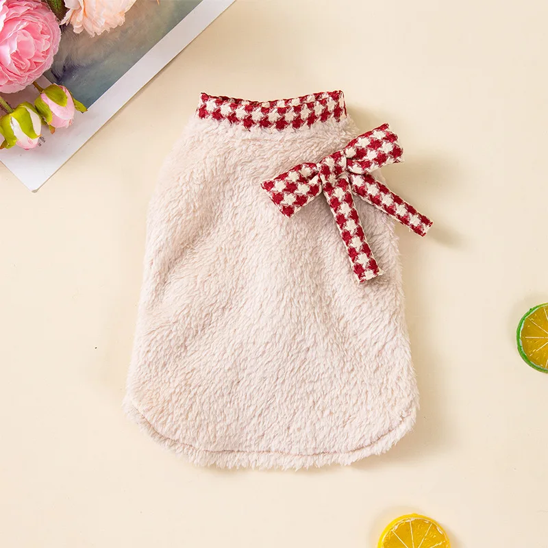Pet Otoño/Invierno, cuello de lazo a cuadros, bonito abrigo de lana de cordero, camiseta sin mangas con lazo de peluche, ropa para perros pequeños - imagen 5