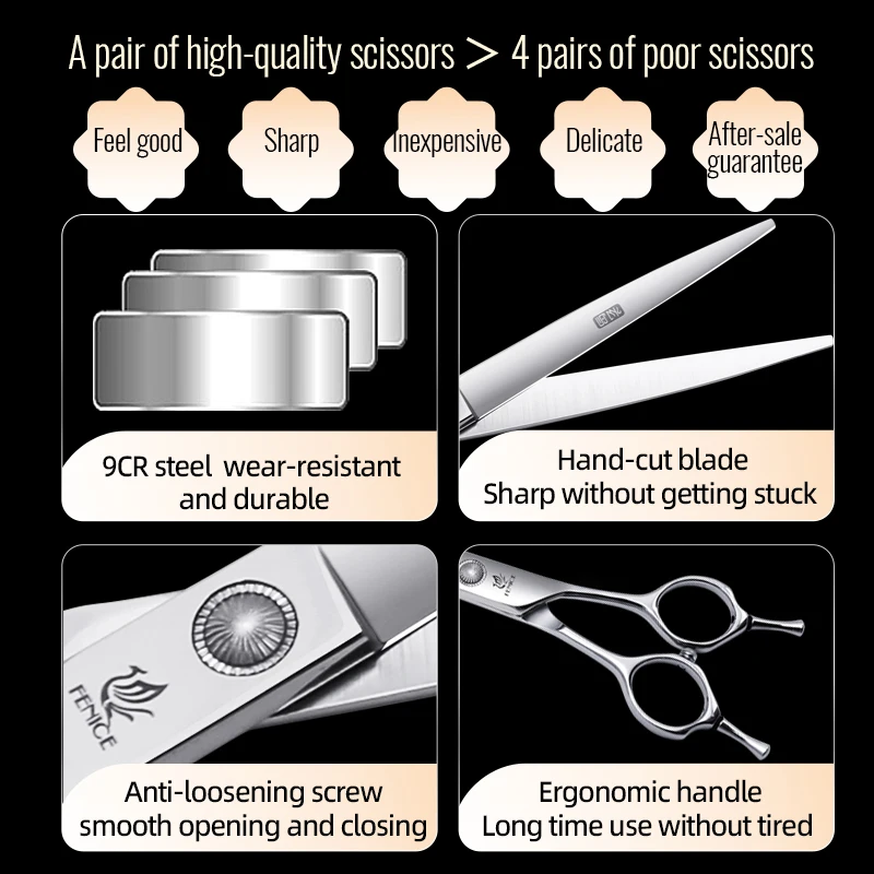 Fenice-Juego de tijeras profesionales para el cuidado de perros, 6/6,5/7/7,5 pulgadas, rectas, curvas, más finas y gruesas y recogedor - imagen 2