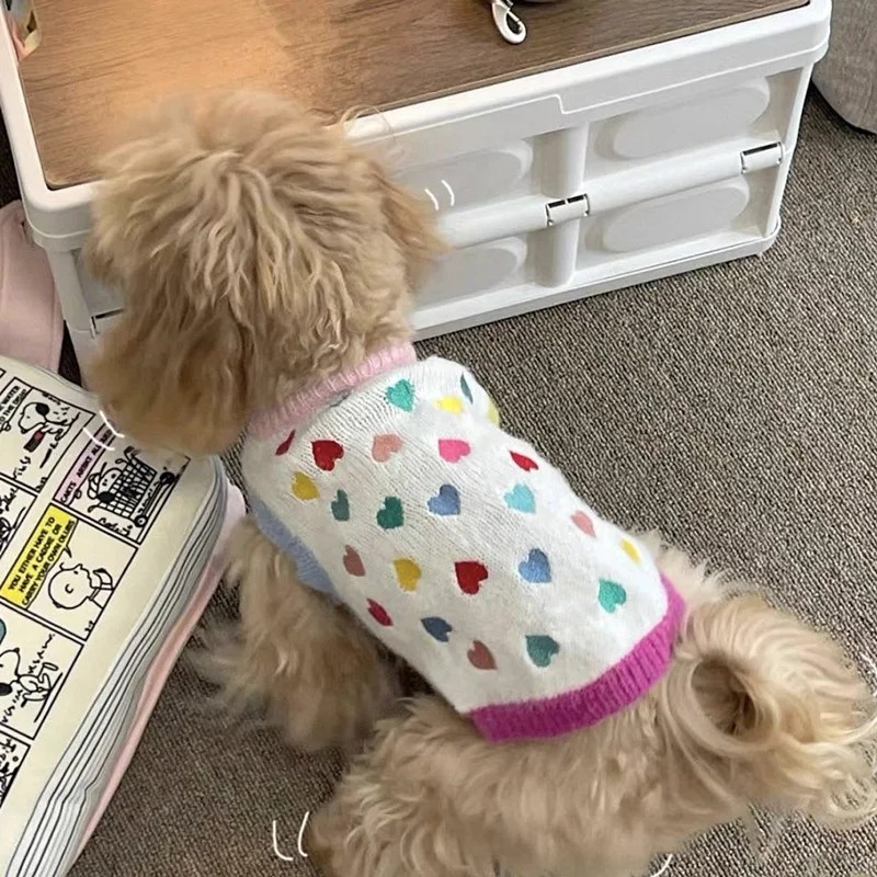 Suéter de punto para otoño/invierno para mascotas, chaleco bordado de amor colorido, ropa para mascotas, abrigo de invierno, ropa para cachorros - imagen 2