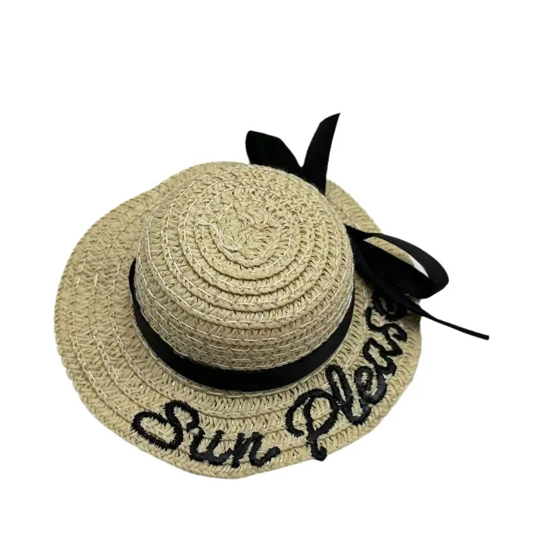 Sombreros de verano para mascotas, gorros artísticos de paja con protección solar, productos de sombrero de viaje con lazo, accesorios de decoración en miniatura creativos, gorros para perros y gatos