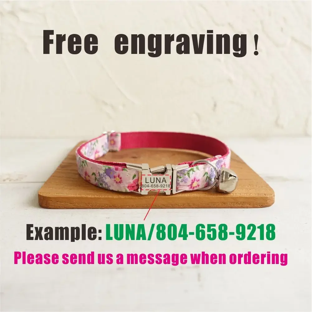 Collar de gato personalizado con grabado gratuito, correa para mascotas a juego, hebilla de Metal de contactos personalizados, Collar pequeño para mascotas con flores rosas - imagen 4