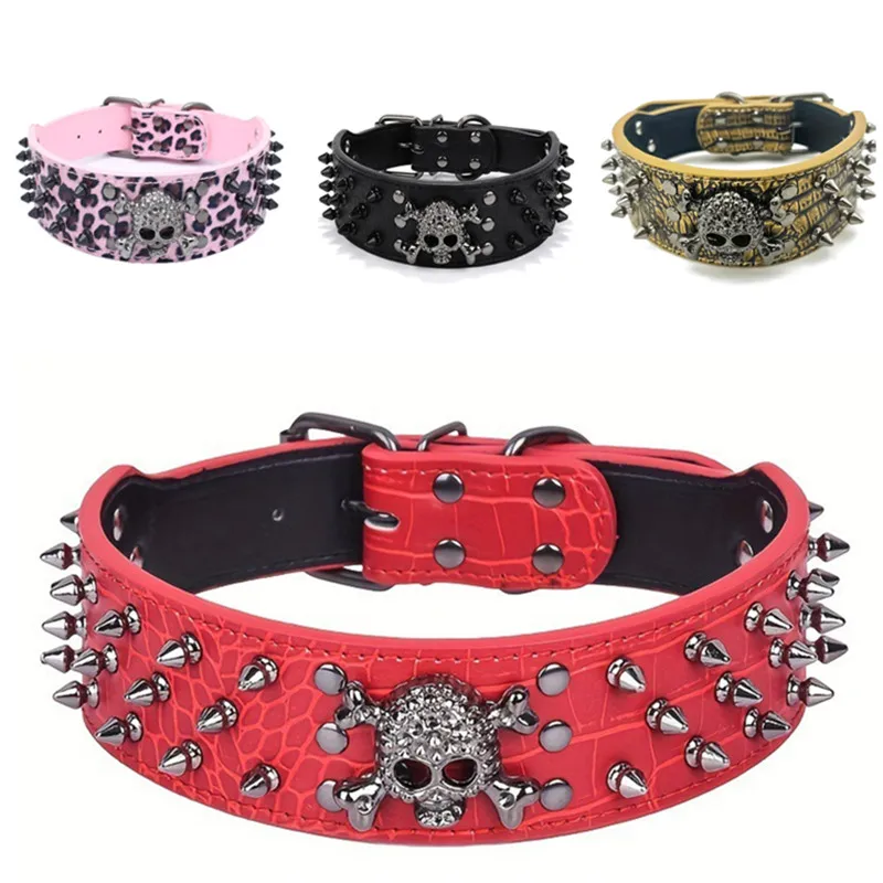 Collar de perro de cuero ajustable con tachuelas y pinchos con diseño de calavera Punk para perros medianos y grandes, suministros para gatos Pitbull Boxer - imagen 3