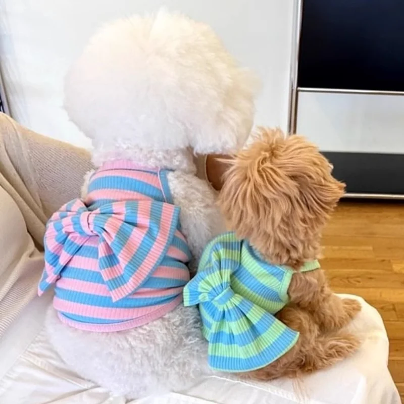 Falda de princesa con lazo para perro, ropa de verano para mascotas, bonito vestido con tirantes para cachorro, vestidos de gato a rayas a la moda, ropa para perros Chihuahua - imagen 2