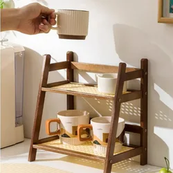 Organizador bambú doble nivel para comida y accesorios de gato y perro