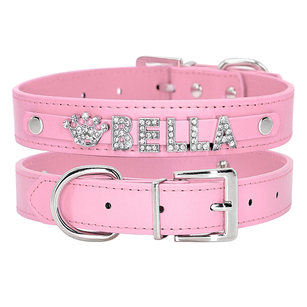Collar de perro personalizado de cuero PU con diamantes de imitación ostentosos, collares para Chihuahua, collares de identificación de gato personalizados para perros pequeños, medianos y grandes - imagen 4
