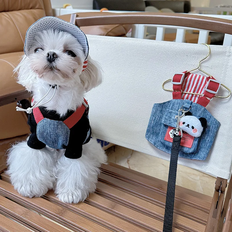 Lindo chaleco con arnés para perro con diseño de Panda, conjunto de camisa con sombrero, traje para paseos al aire libre, ropa elegante y funcional para mascotas para perros pequeños