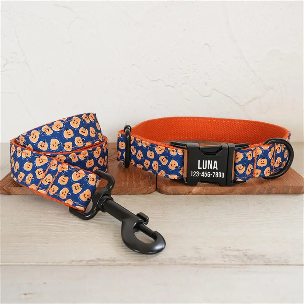 Collar de perro personalizado con grabado gratuito, correa para mascotas a juego, hebilla de Metal de contactos personalizados, Collar de cachorro de calabaza
