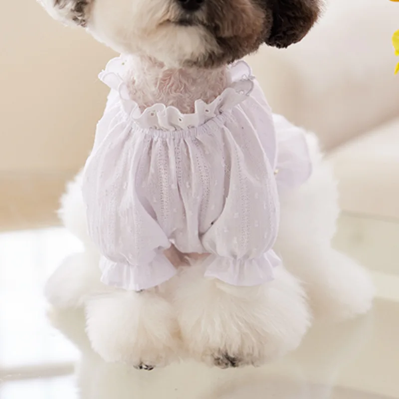 Camisa de manga de burbuja de primavera para mascotas, camiseta transpirable para perros, Top para gatos, peluches, tocado con lazo para mascotas, ropa para cachorros para perros pequeños - imagen 3