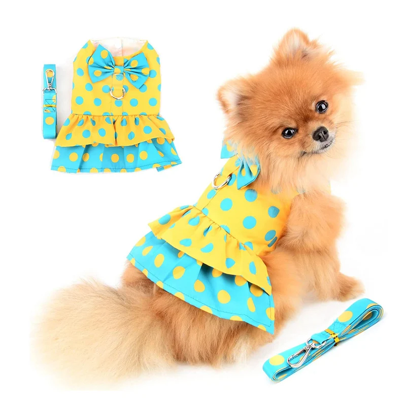 Conjunto de vestido y correa con arnés para perros pequeños, ropa para cachorros, lunares azules, amarillos, lazo de lujo, vestido para perros Chihuahua, verano - imagen 4
