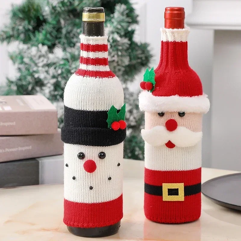 Decoración navideña para el hogar, cubierta para botella de vino tinto, Papá Noel, muñeco de nieve, alce, cubiertas tejidas para botellas de vino, decoración para fiesta de Navidad, 2024 - imagen 2