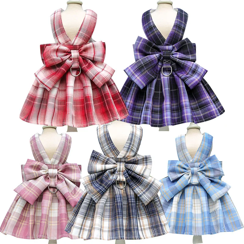 JK Dog Dress Harnesses with Leash Set Plaid Puppy Girl Skirt Doggy Dresses with Leash Ring Doggie Clothes for Small Medium Dogs - imagen 3