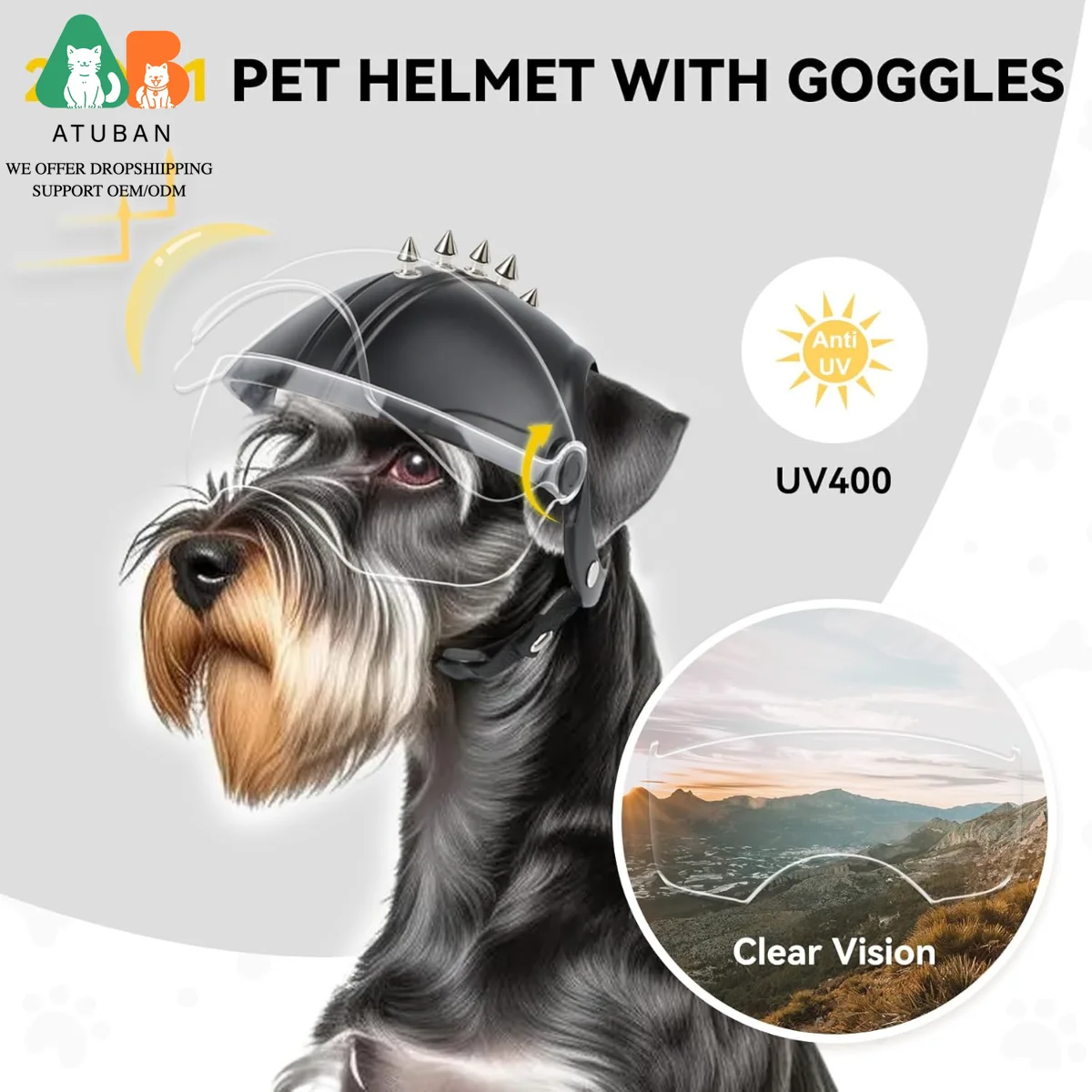 ATUBAN Casco para Perros de Raza Pequeña, Casco de Motocicleta para Perros Visera Transparente para Ciclismo al Aire Libre Sombrero para Mascotas a Prueba de Viento con Remache - imagen 3