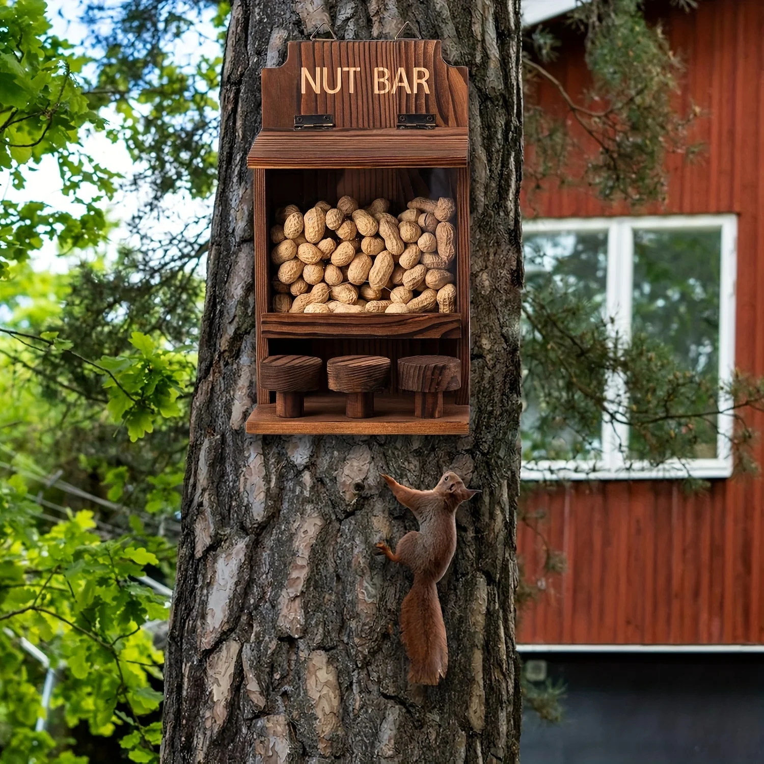 Divertida caja alimentadora de ardilla de madera, barra de nueces, casa de alimentación de ardilla resistente, No requiere montaje para decoración de jardín exterior de patio trasero - imagen 3