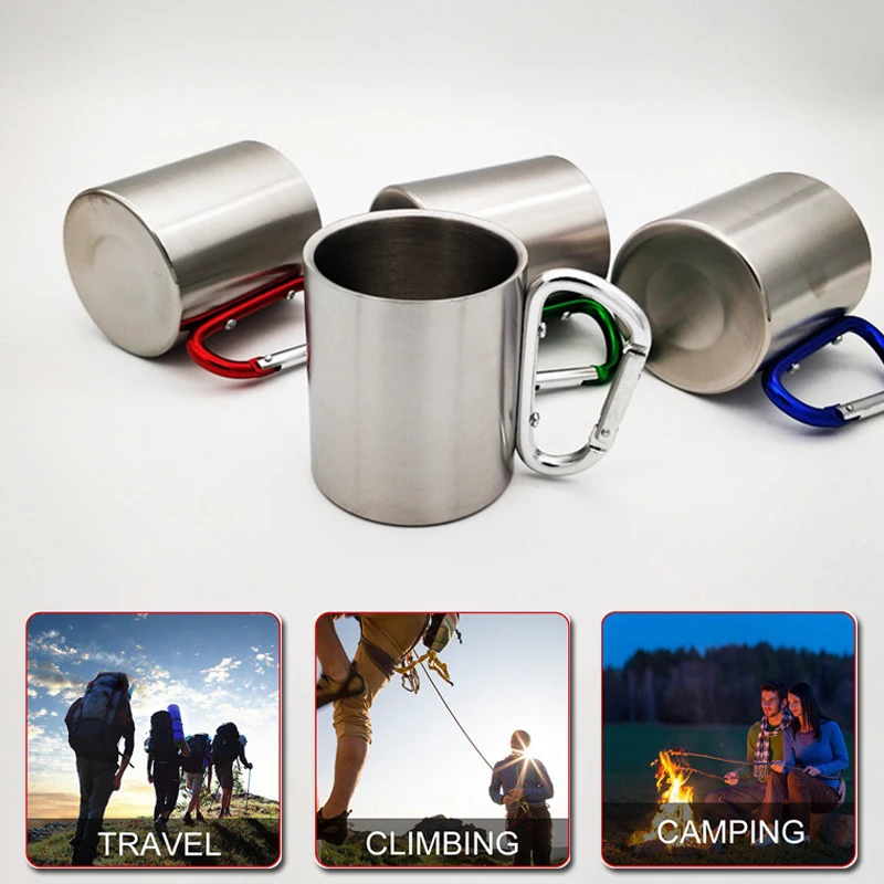 Taza de acero inoxidable de 180ml para acampar, viaje al aire libre, con asa, mosquetón, escalada, mochilero, senderismo, tazas portátiles - imagen 3