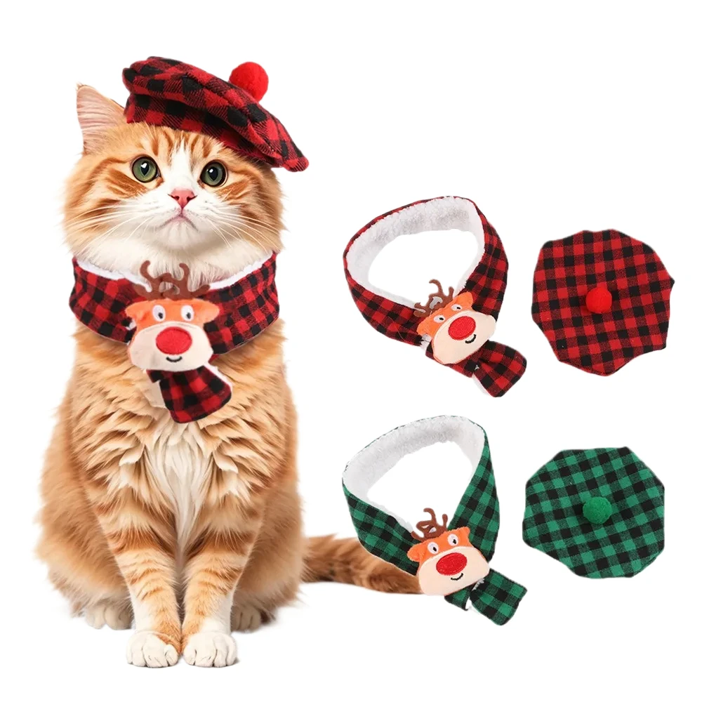 Bufanda a cuadros de otoño e invierno para mascotas y toalla de baba, bufanda triangular de doble capa con sombrero de Navidad, accesorios para cachorros para perros pequeños