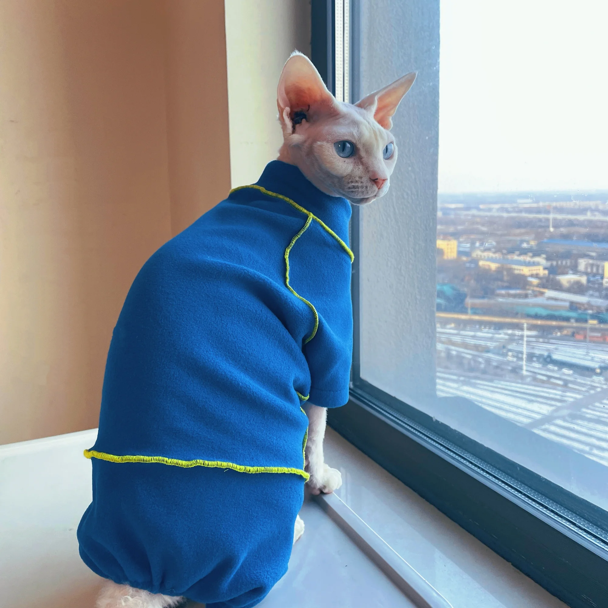 Mono de lana azul a la moda para gato esfinge, sudadera cálida de invierno para gato sin pelo, pijamas ligeros y suaves resistentes a las manchas para Devon