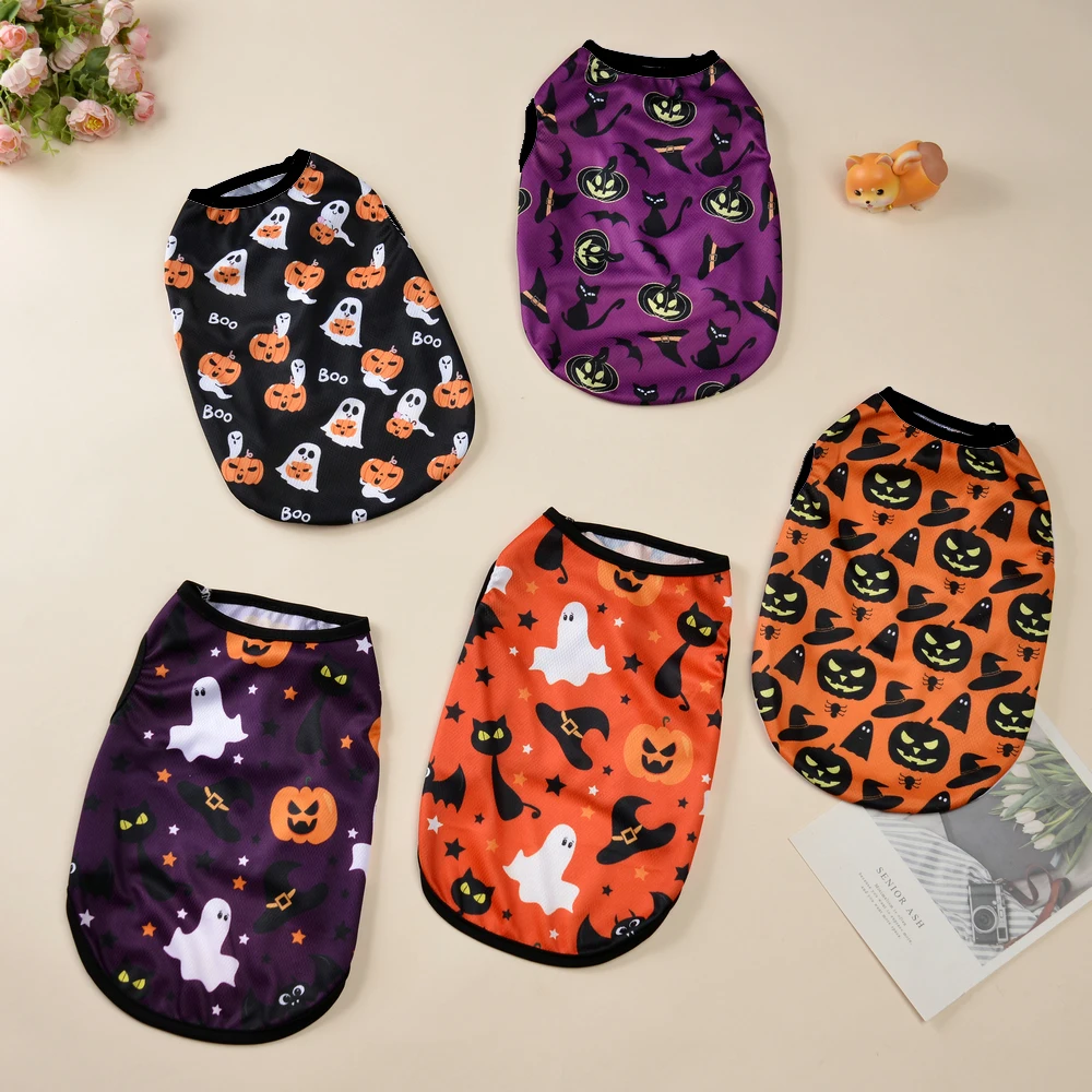 Disfraz de perro de Halloween, ropa para perros pequeños y medianos, estampado de calabaza, divertida camiseta para cachorro y gato, trajes finos transpirables para Chihuahua y Pug - imagen 2