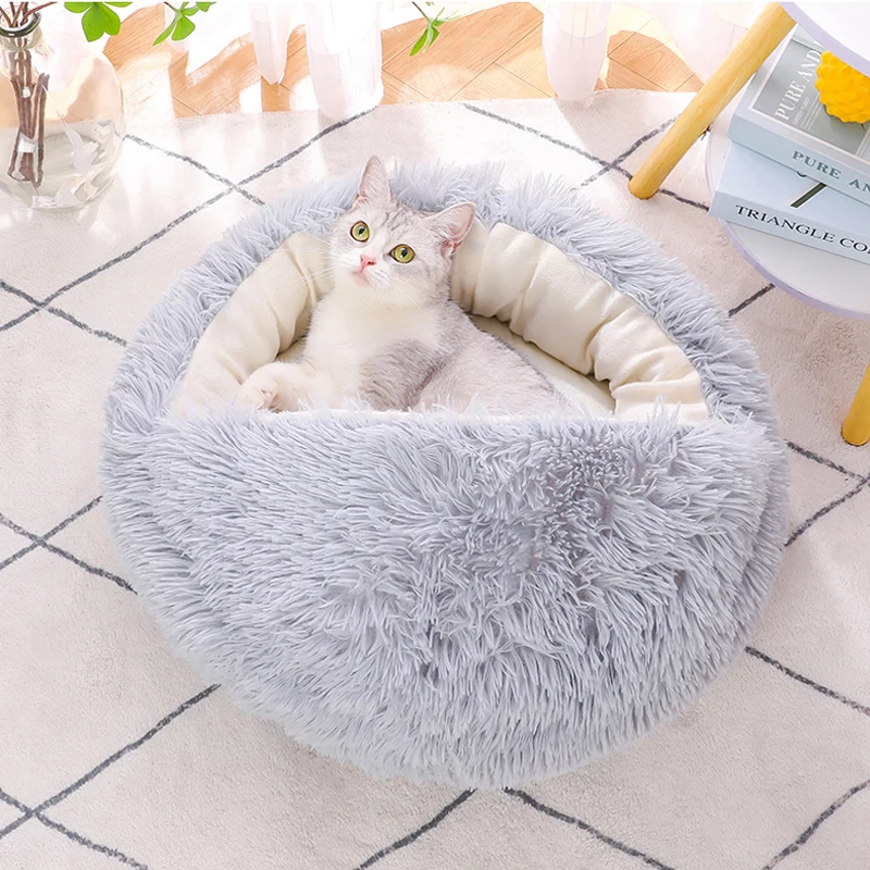 Cama para gatos de sueño profundo, redonda, semicerrada, de felpa, acogedora, para invierno, con parte inferior antideslizante, para perros pequeños y gatos