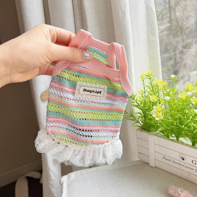 Chaleco a rayas de arcoíris para mascotas, falda con tirantes tejida hueca transpirable para gatos, vestido de encaje, vestidos para perros pequeños, primavera