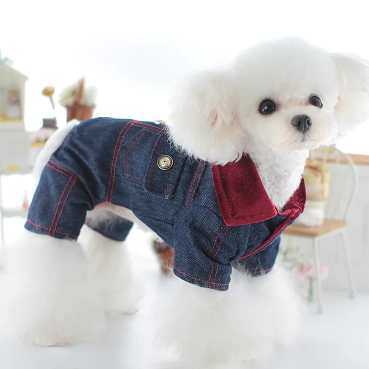 Abrigo con cuello de terciopelo para mascotas, ropa para perros pequeños y medianos, conjunto informal de vaquero, ropa de algodón de cuatro patas, ropa de invierno de dos piernas - imagen 3