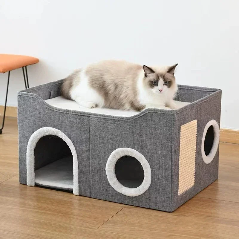 Pet Nest Four Seasons Universal Cat Nest Double Layer Multi-hole Sisal Grinding Claws Pet Supplies Semi-close Foldable Cat House - imagen 2