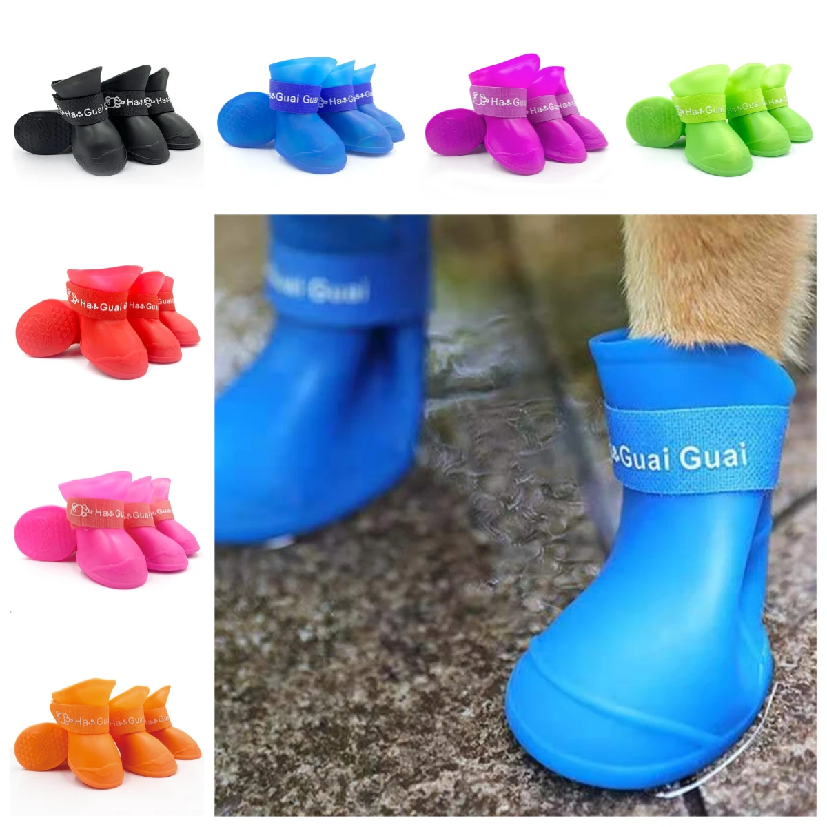 Botas de lluvia para mascotas, zapatos de goma antideslizantes impermeables para perros y gatos, botines para mascotas, juego de accesorios para calzado al aire libre, 4 Uds. - imagen 2
