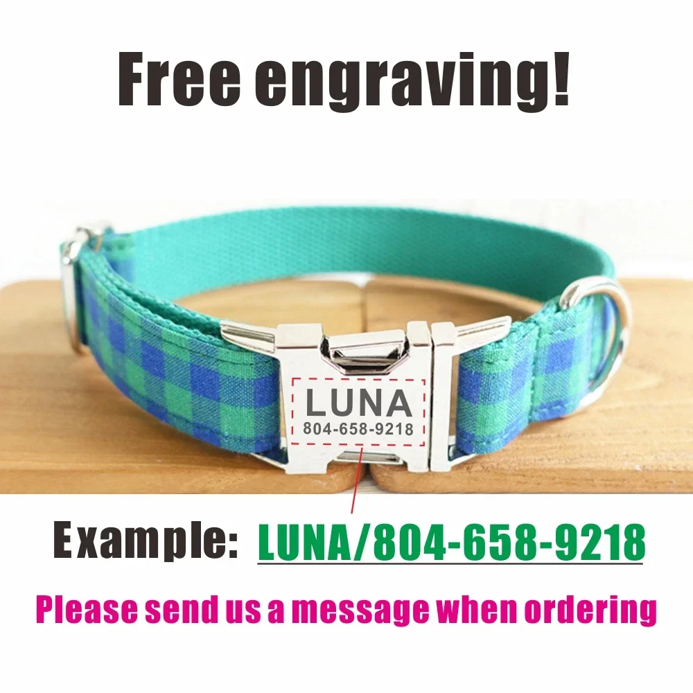 Collar personalizado para mascotas, grabado gratis, placa con nombre personalizada para cachorro, etiqueta de identificación, hebilla ajustable, traje verde y azul, collares a cuadros, correa - imagen 4