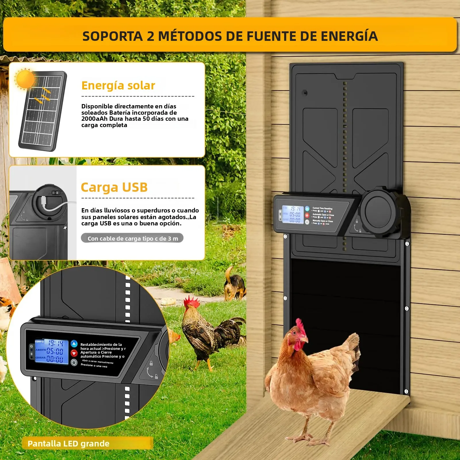 Puerta automática para gallinero con energía solar, pantalla LCD, puerta automática para pollos con temporizador, puerta para pollos de aleación de aluminio con control remoto - imagen 5