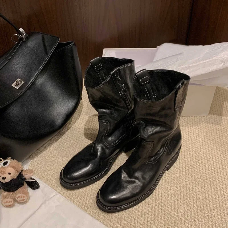 Botas de moto con muesca en V y cabeza redonda puntiaguda para mujer, versión de cuero, botas cortas de vaquero del oeste con tacón grueso