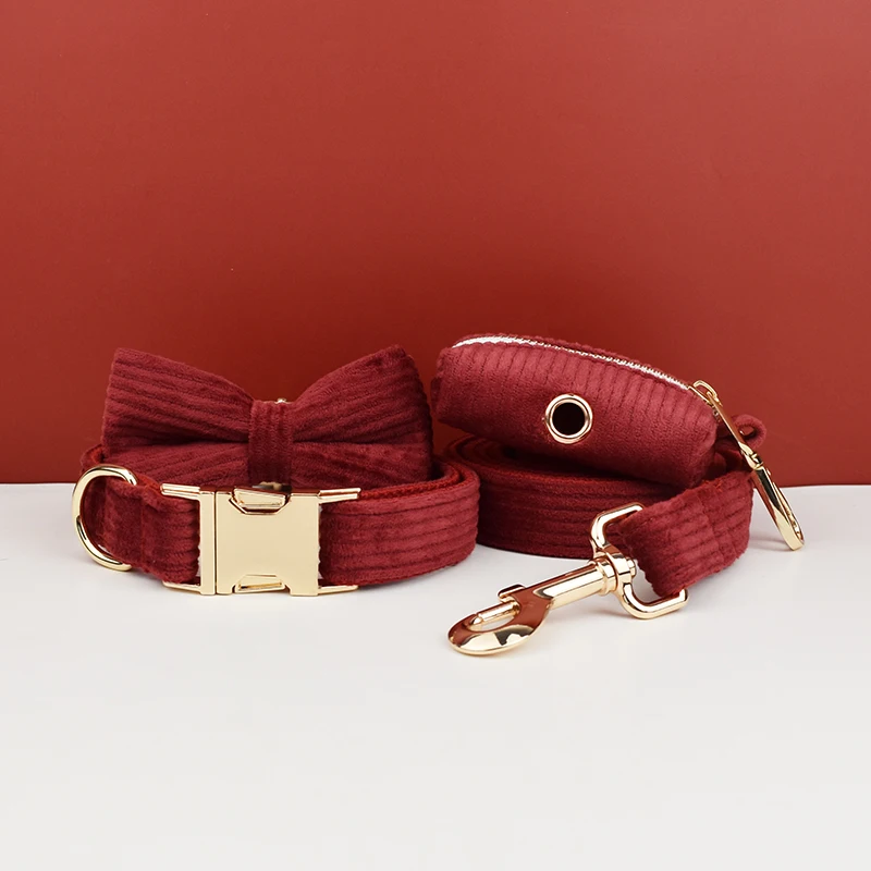 Juego de Collar y correa para perro de pana roja vino para perros, placa con nombre grabada personalizada, suministros para mascotas, correa para perro de pana 13 - imagen 3