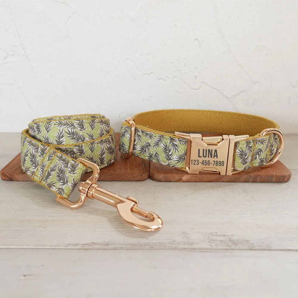 Collar de perro personalizado con grabado gratuito, correa para mascotas a juego, hebilla de Metal de contactos personalizados, Collar para mascotas de la selva dorada