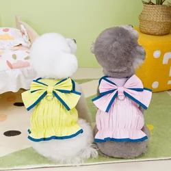 Vestido de verano para perros y gatos con lazo rosa-amarillo